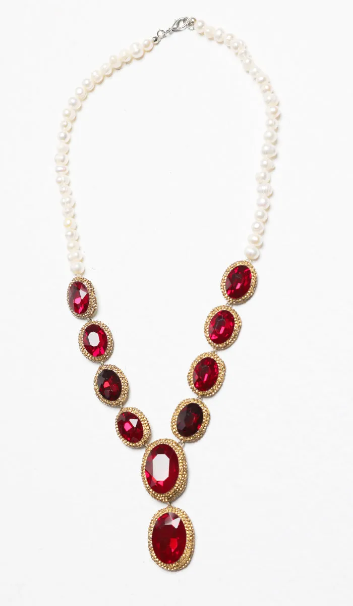 Amira Jeweled Statement Necklace - Red/Pearl