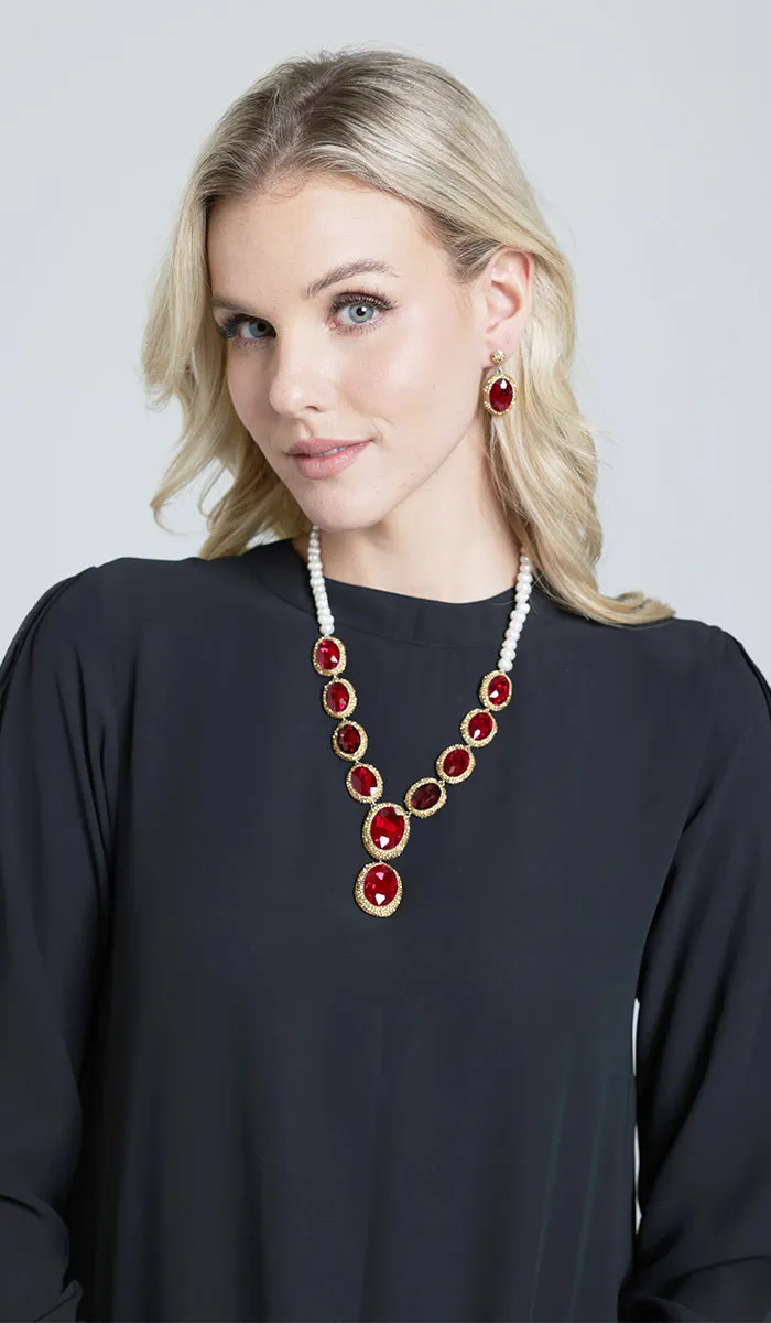 Amira Jeweled Statement Necklace - Red/Pearl