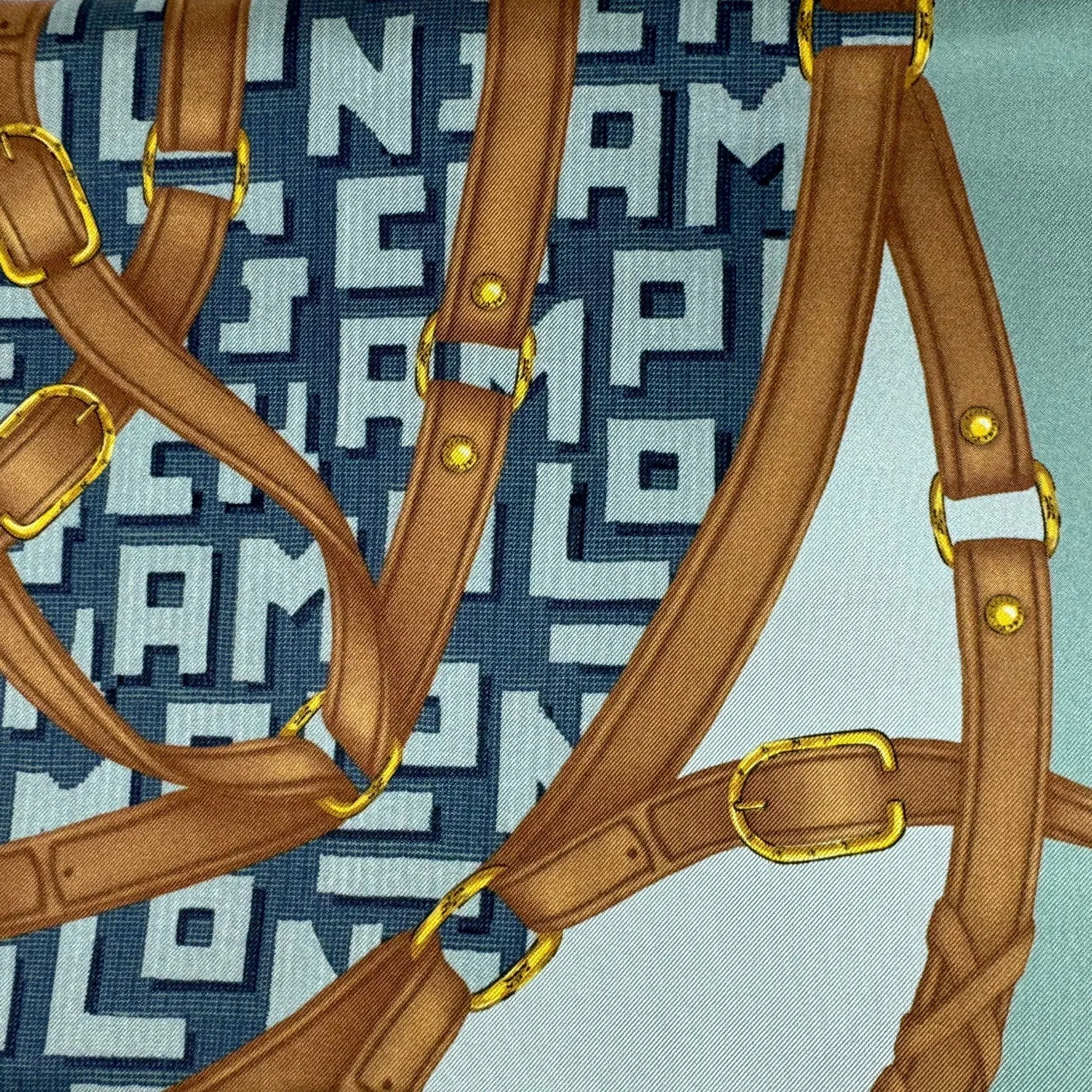 Longchamp Silk Scarf Seafoam Green Brown Gray Equestrian Design - Square Foulard  SALE